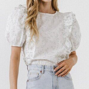 Free the Roses Linen Top with Short Puff Sleeves Embroidered with Ruffles